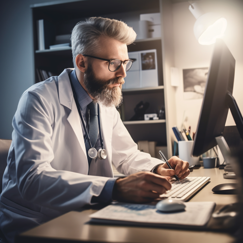 Médico navegando em um site profissional no estilo Art Nouveau, aprendendo como impulsionar sua clínica médica em 30 dias.