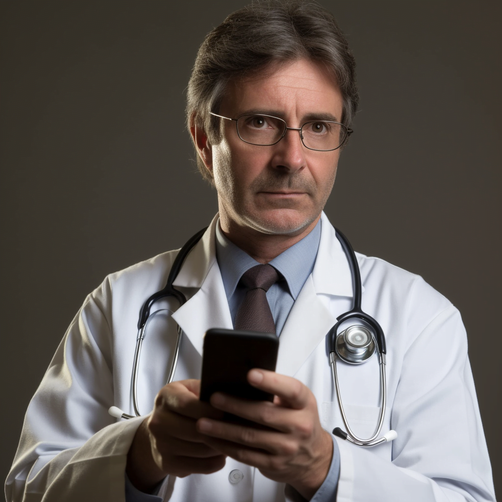 Um médico olhando o seu aparelho Android configurando alguma coisa.