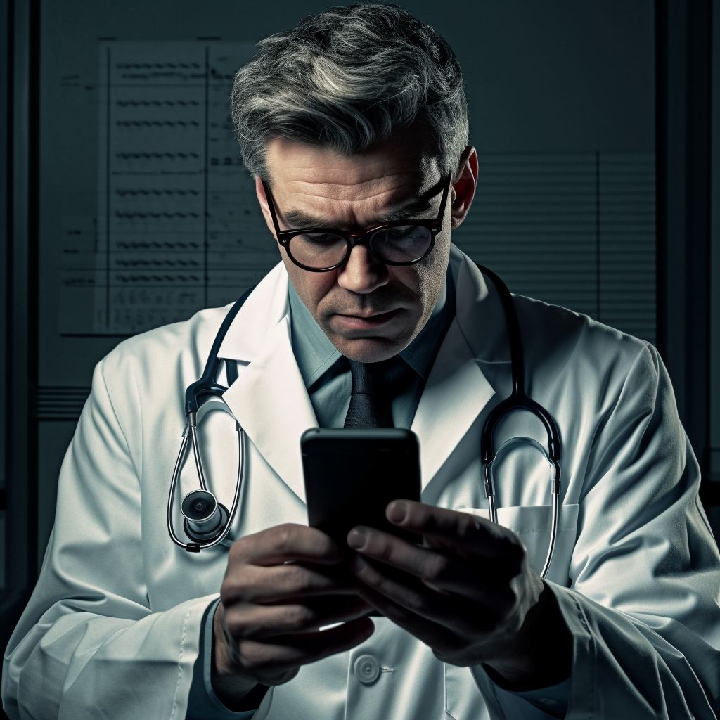 Um médico olhando o seu iPhone configurando alguma coisa.