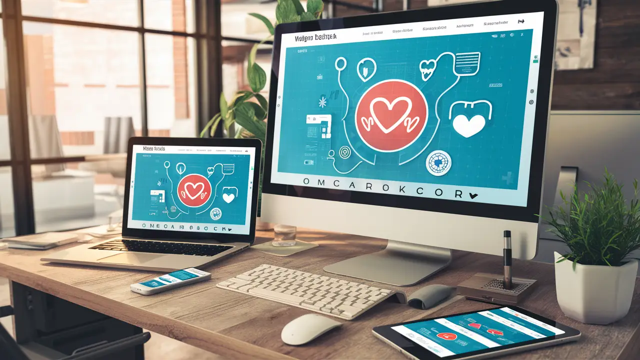 Página de design de site médico em tela de computador, cercada por laptop, smartphone e tablet em mesa de madeira com planta.